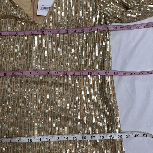 NWT $598 Mac Duggal [ 12 ] Sequined Long Sleeve V Neck Beaded Fringe Gown Gold‎ - Picture 4 of 15